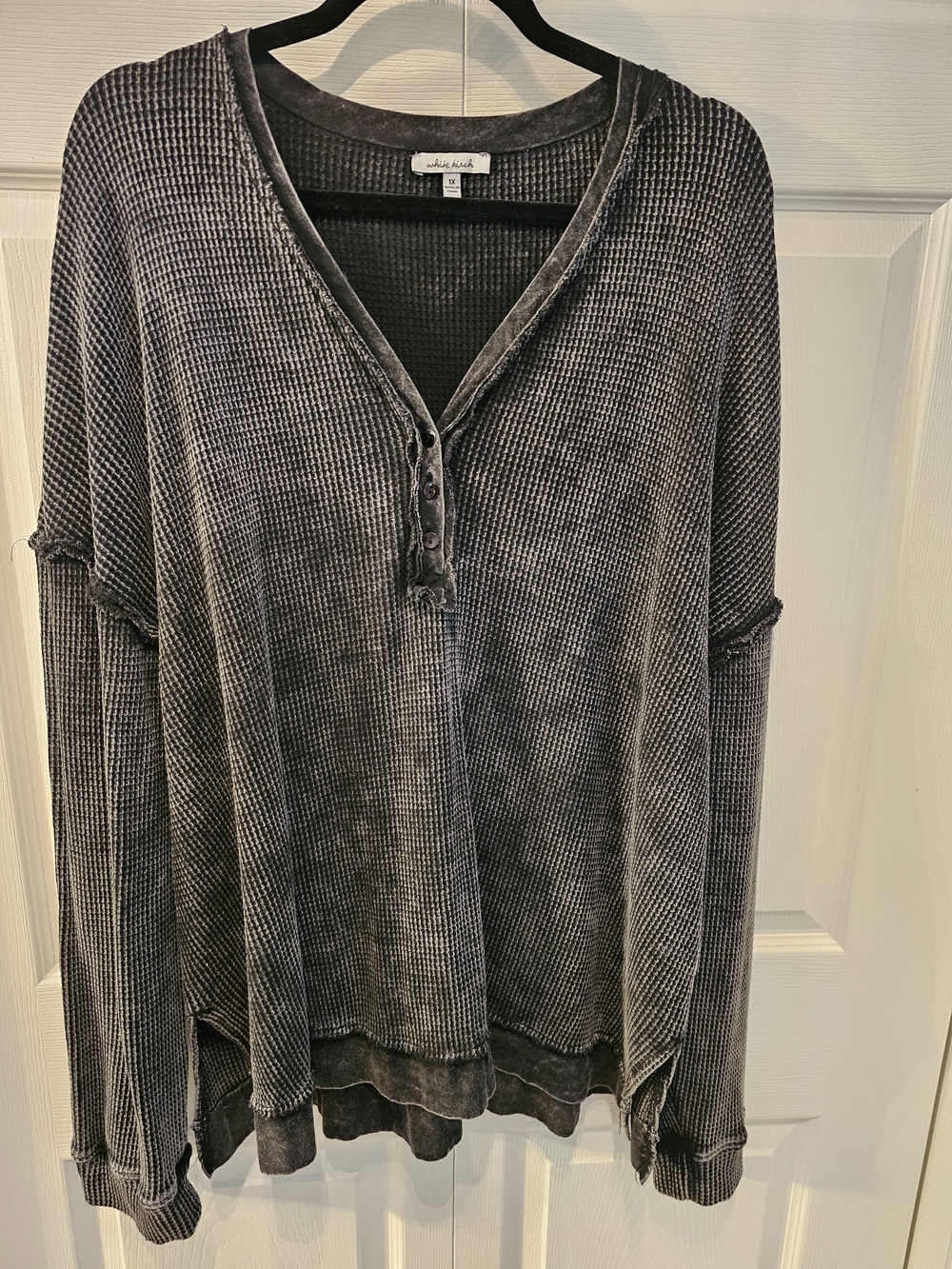 White Birch Washed Charcoal Waffle Henley Top